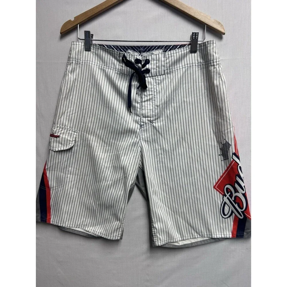 Budweiser Mens Board Shorts Swim Trunks Stripes Logo Size 32